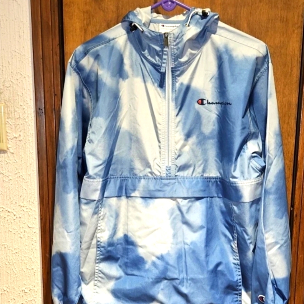 Champion Packable All Over Print Jacket Shield Blue Tonal Wash Cloud V1012P 5493